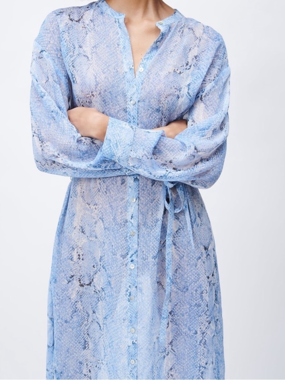 Zara Light Blue Snakeskin-Print Button Front Dress